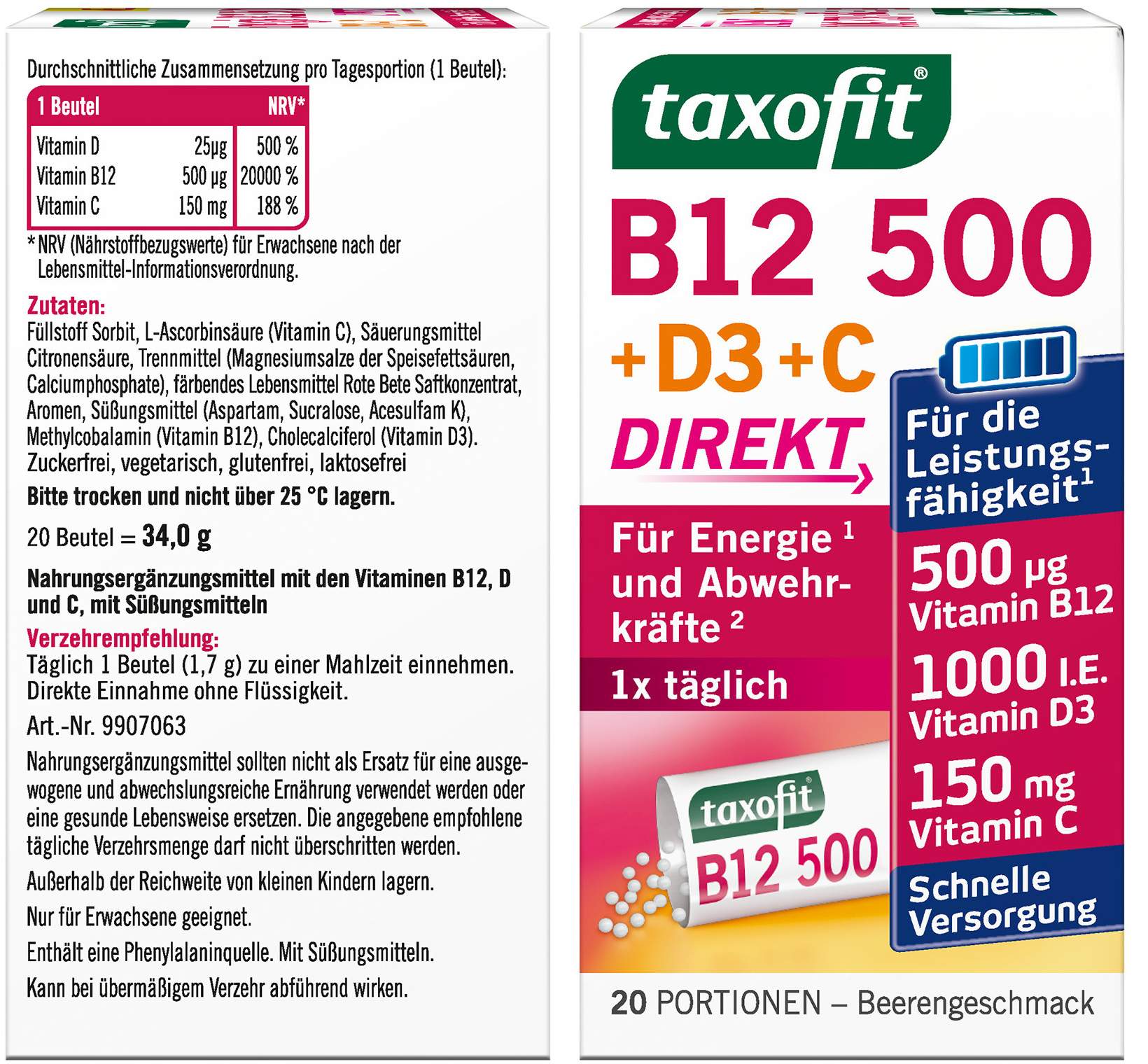 Taxofit Energie B12 500 + D3 + C Direkt Granulat 20 Beutel