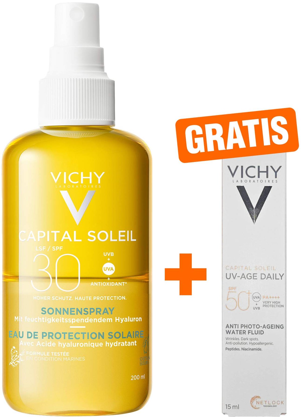 Vichy Capital Soleil Hyaluron Sonnenspray LSF 30 200 ml + gratis Vichy Capital Soleil UV-Age Daily LSF 50+ 15 ml