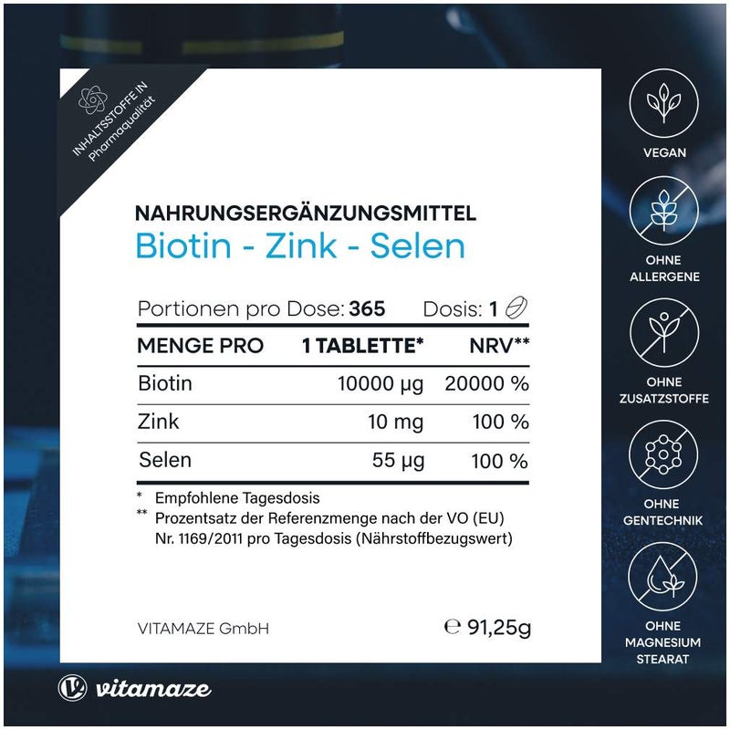 Biotin 10 mg Hochdosiert + Zink + Selen 365 Tabletten