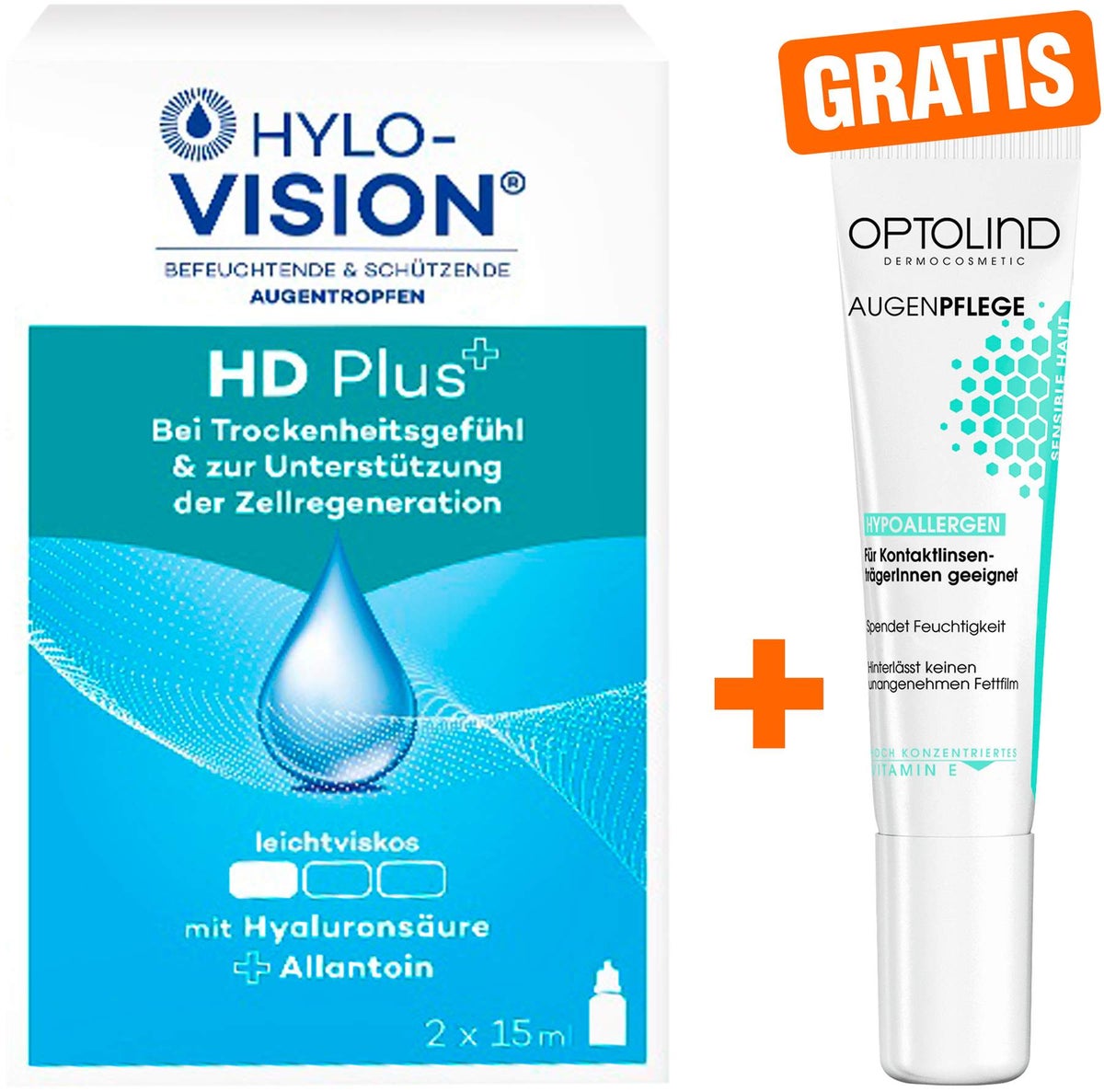 Hylo Vision HD Plus Augentropfen 2x 15 ml + gratis Optolind Empfindl. Haut 15 ml