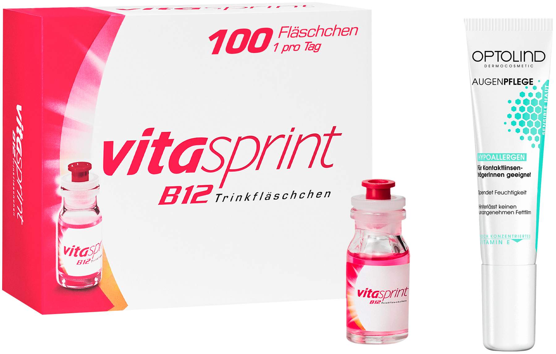 Vitasprint B12 100 Trinkampullen + gratis Optolind empfindliche Haut Augenpflege 15 ml