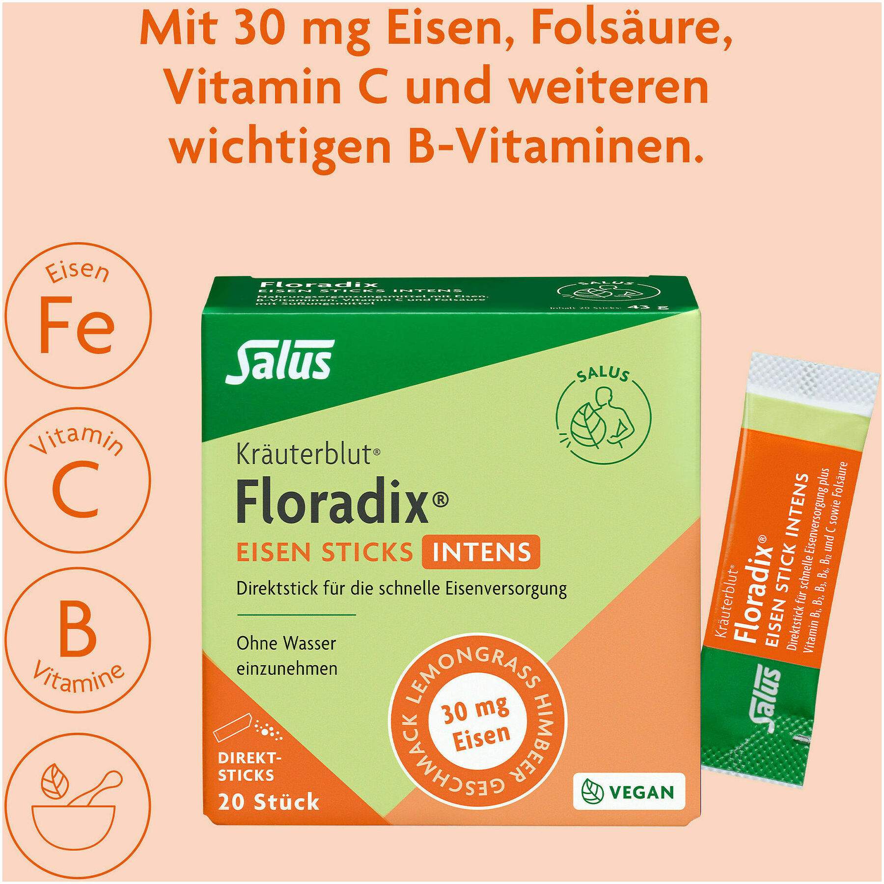 Floradix Eisen Sticks intens Pulver 20 Stück