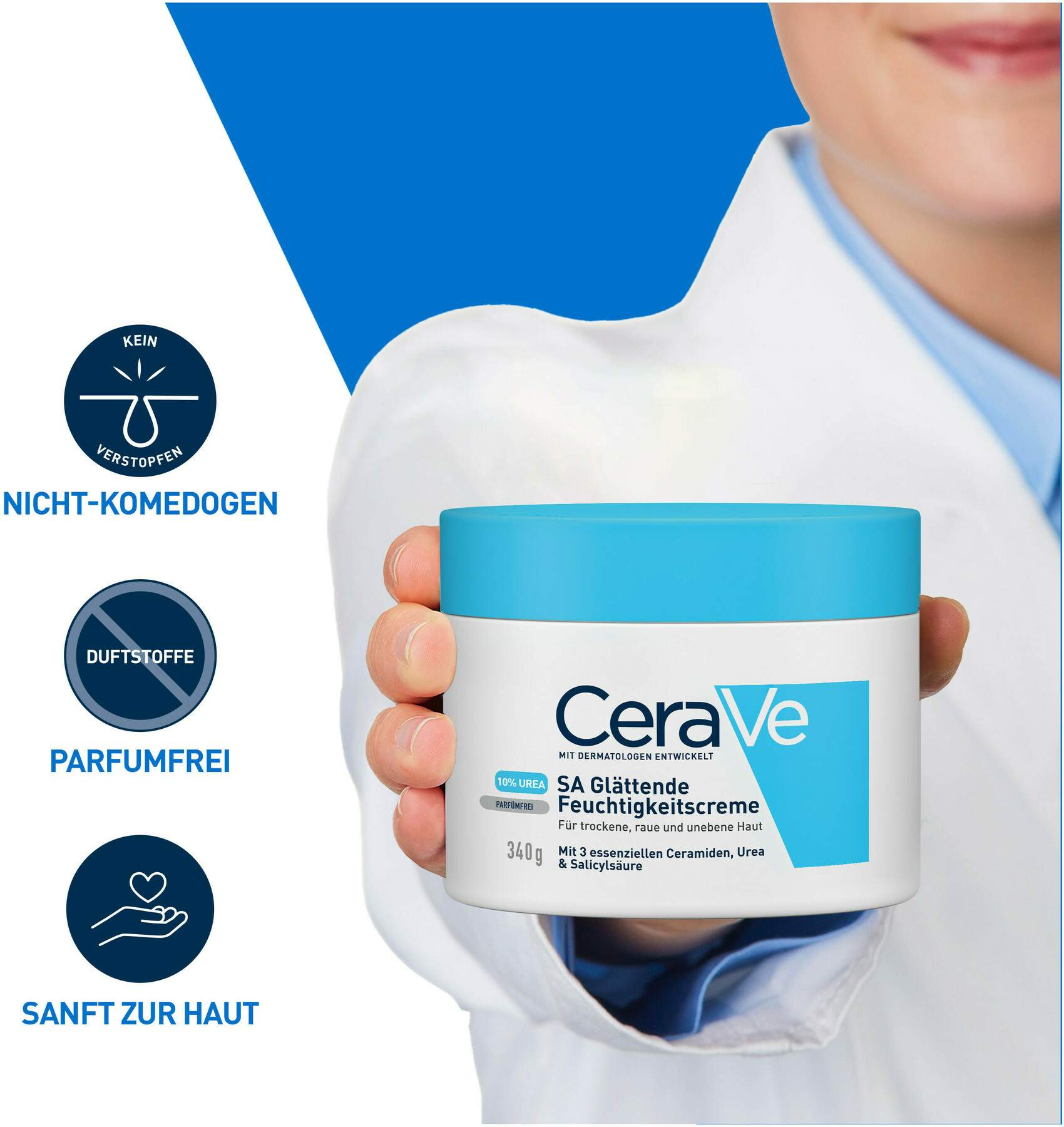 CeraVe SA Urea Glättende Feuchtigkeitscreme 340 g + gratis Feuchtigkeitsspendende Reinigungslotion 20 ml