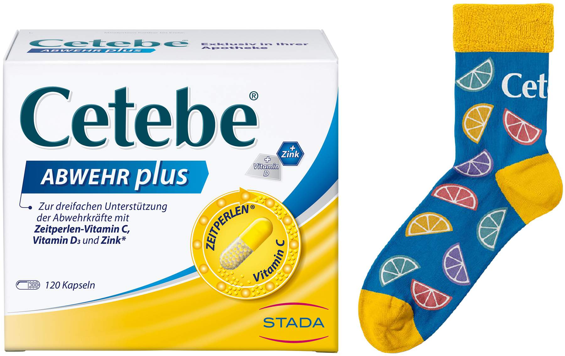 Cetebe Abwehr plus Vitamin C + Vitamin D3 + Zink 120 Kapseln + gratis Kuschelsocken