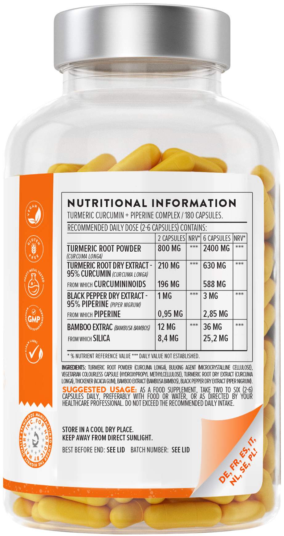 Aavalabs Curcumin + Piperin Vegan 180 Kapseln