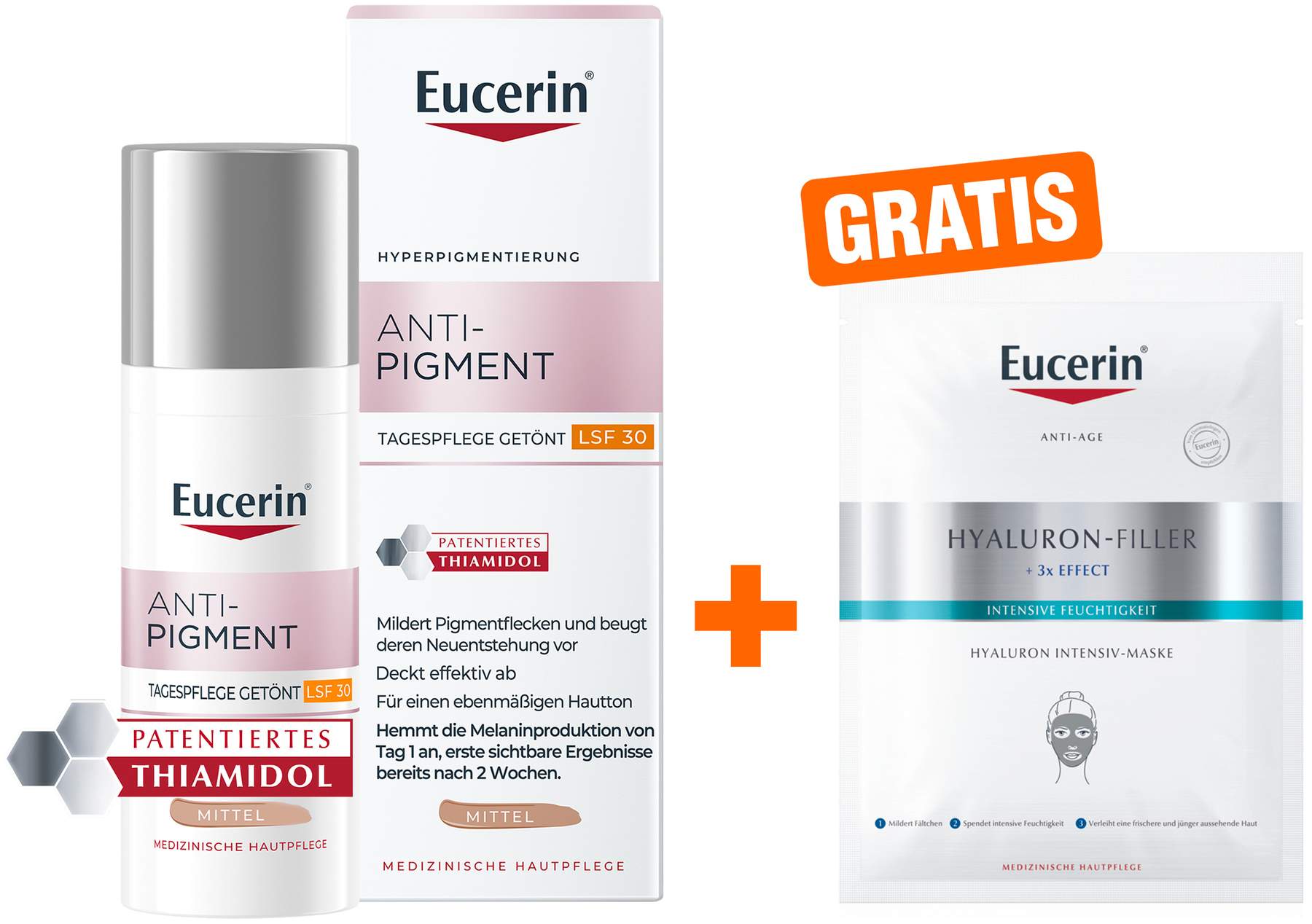 Eucerin Anti-Pigment Tagespflege getönt mittel 50 ml Creme + gratis Anti Age Hyaluron Filler intensiv Maske 1 Stück