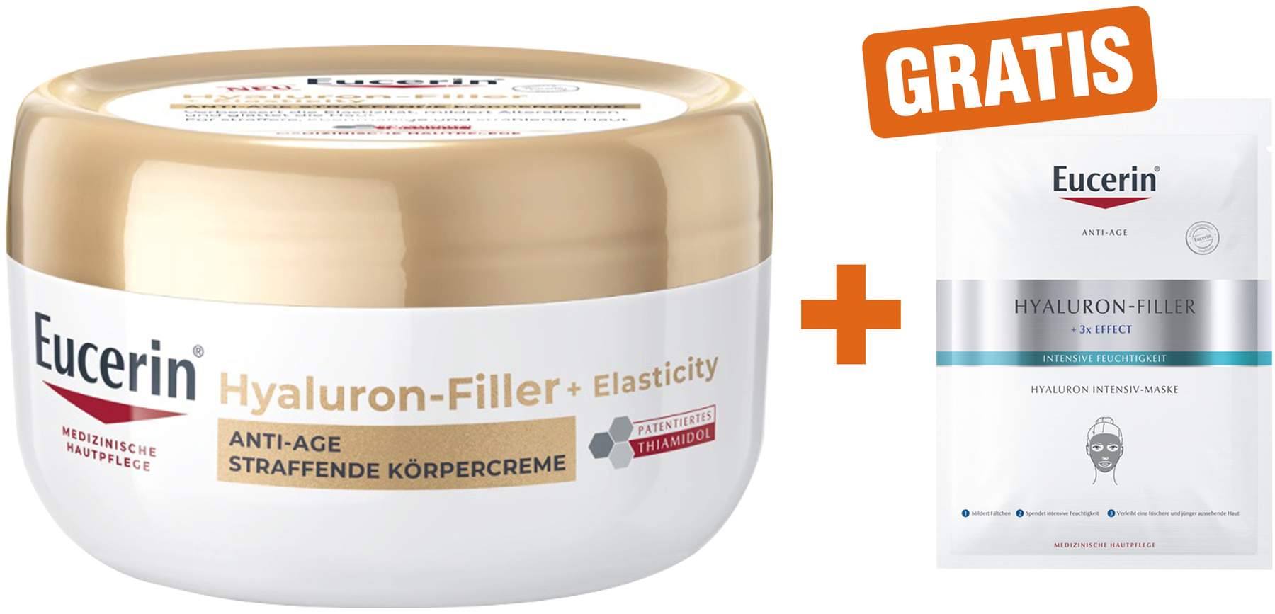 Eucerin Hyaluron Filler + Elasticity Körpercreme 200 ml + gratis Anti Age Hyaluron Filler Intensiv Maske 1 Stück