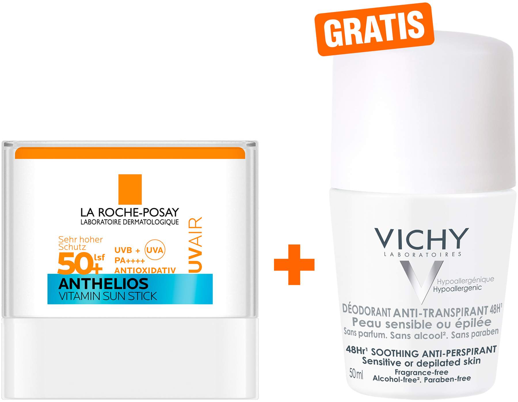 La Roche Posay Anthelios UV Air Stick LSF 50+ 9 g + gratis Vichy Deo Roll-on Anti Flecken 48h 50 ml