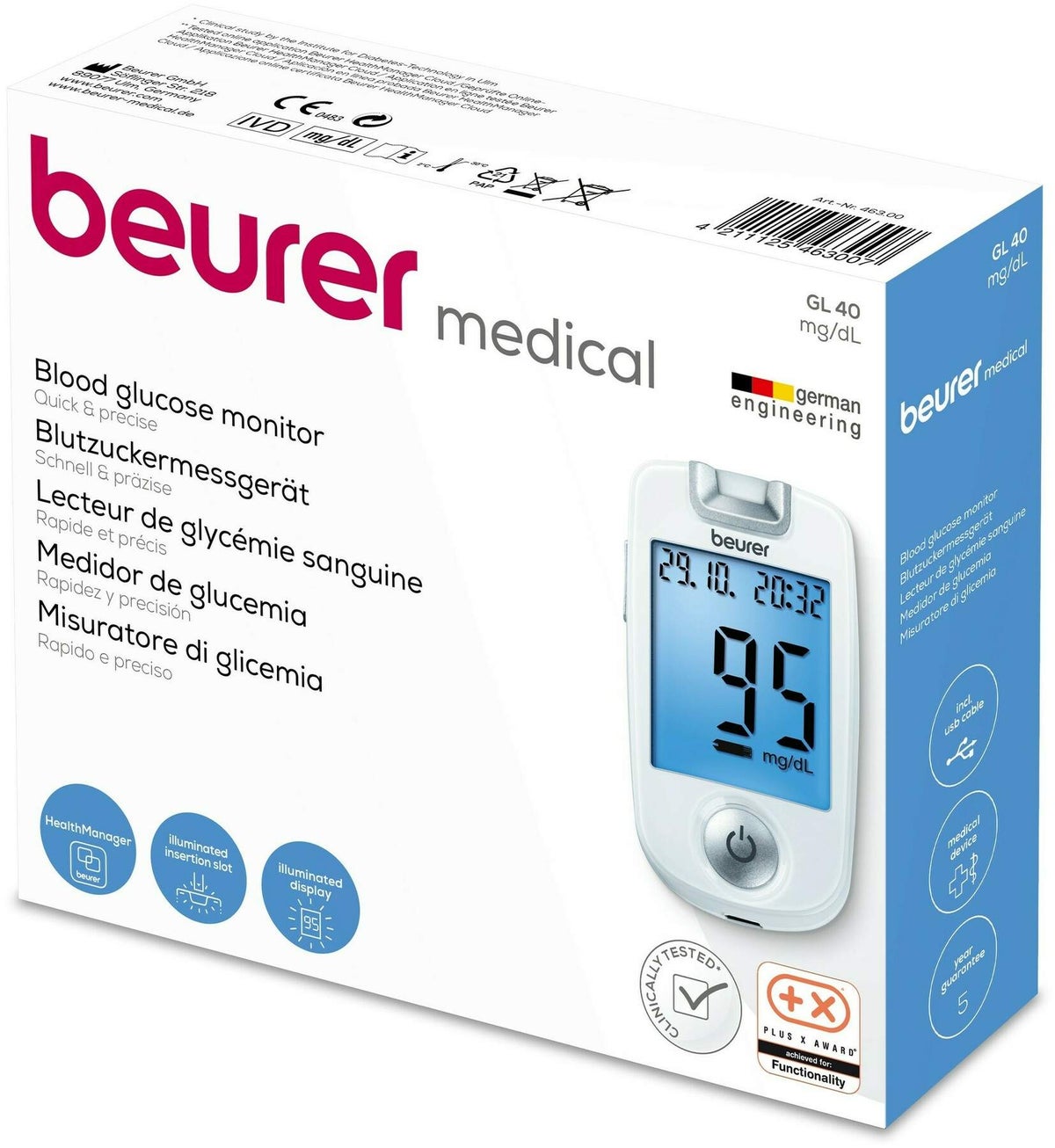 Beurer GL40 Blutzuckermessgerät mg je dL codefree