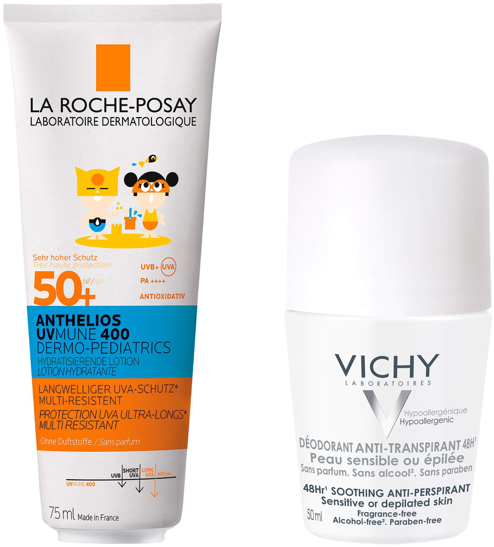 La Roche Posay Anthelios Dermo-Kids Hydratisierende Milch UVMune LSF50 75 ml + gratis Vichy Deo Roll-on 48h 50 ml