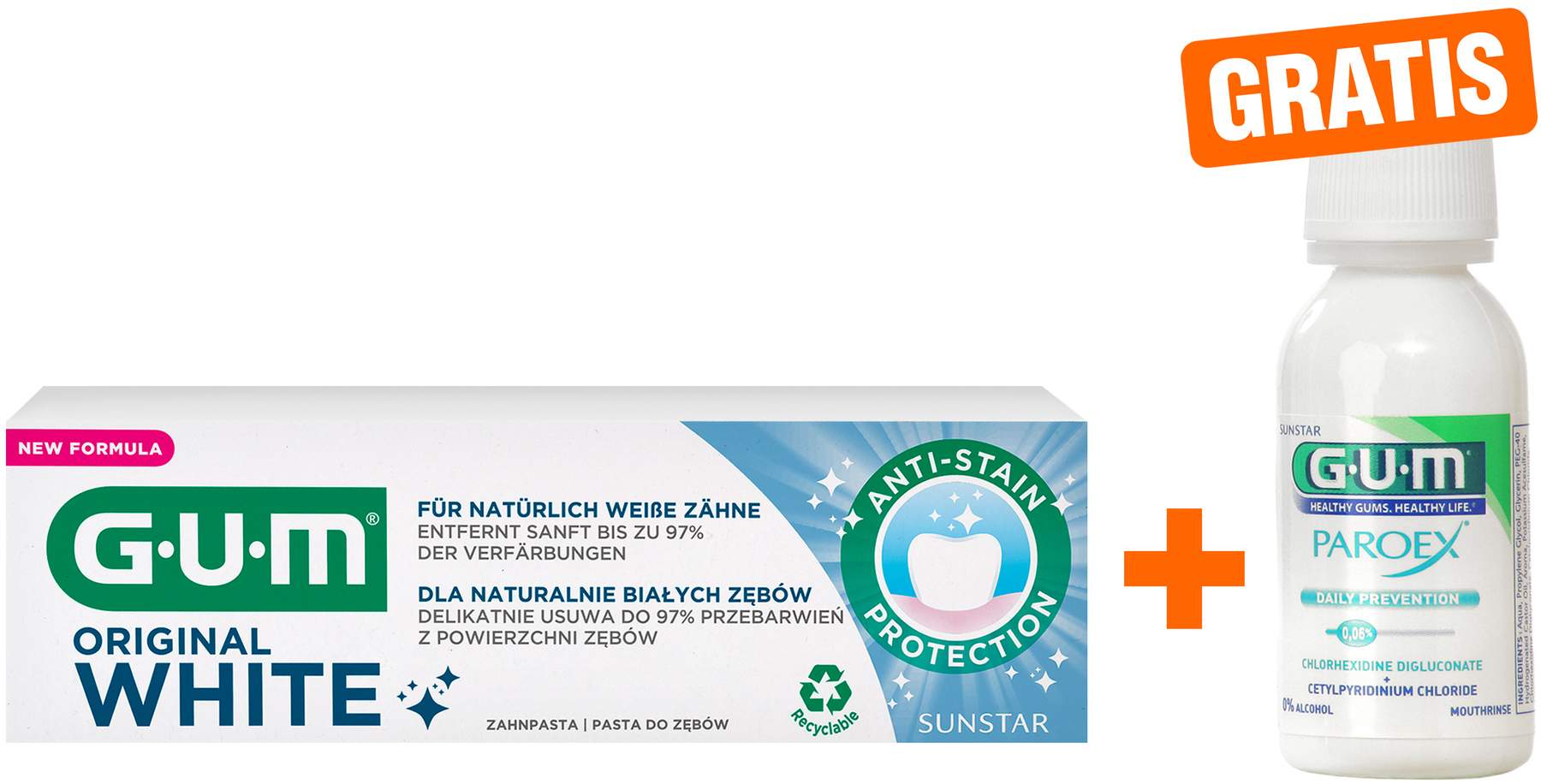 GUM Original White Zahnpasta 75 ml + gratis Paroex 0,06 CHX Mundspülung 30 ml