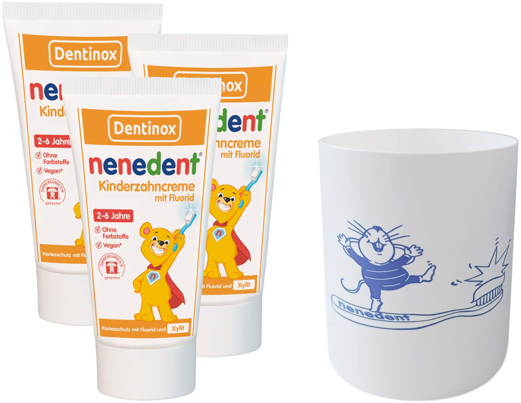 Nenedent Zahncreme m.Fluorid 3 x 50 ml 2 bis 6 Jahre + gratis Zahnputzbecher 1 Stück