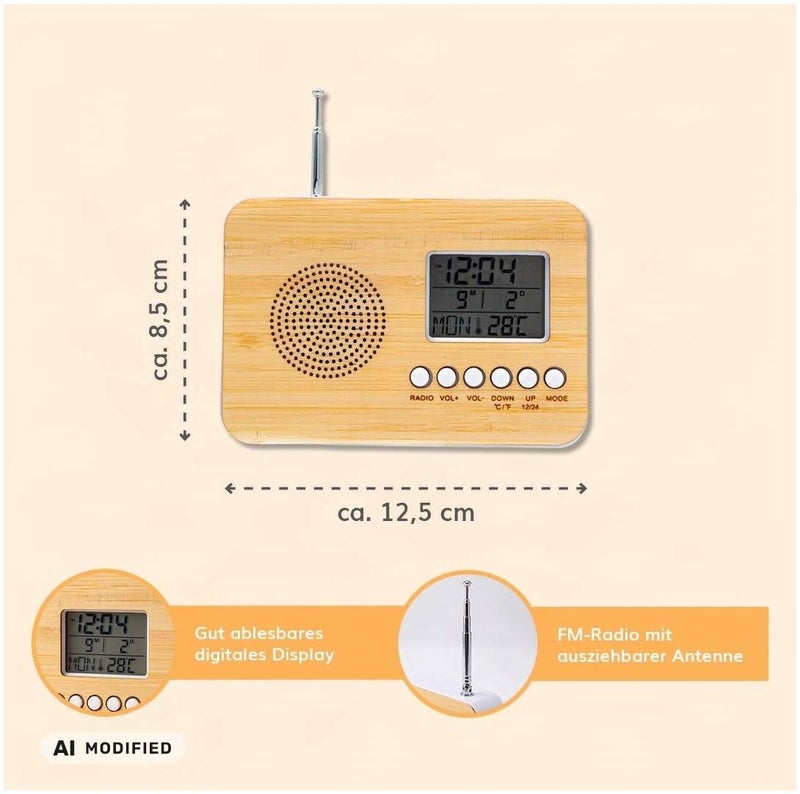 FM Digital Radio Wecker Bamboo mit Kalender und Temperaturanzeige, 1 Stück