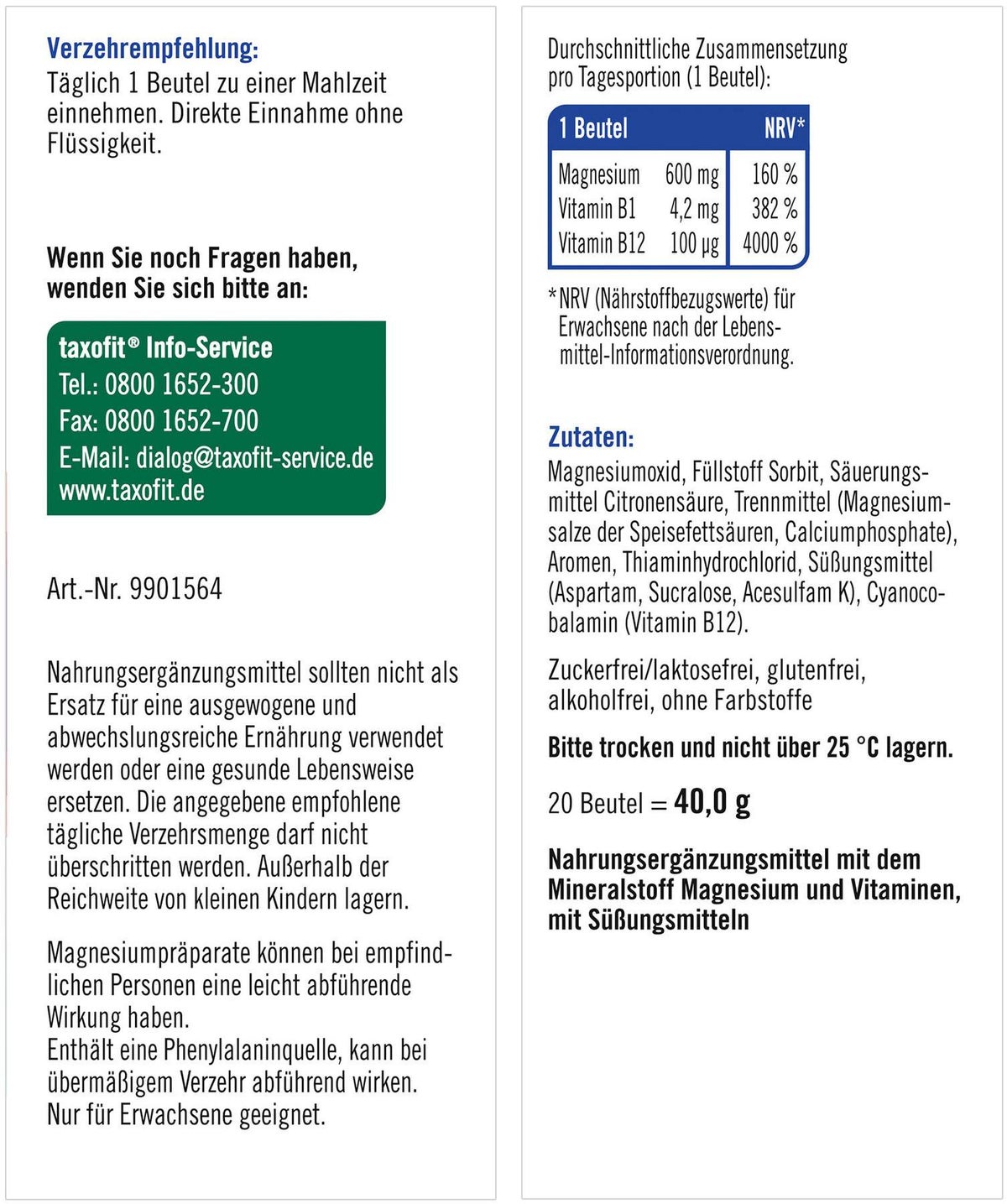 Taxofit Magnesium 600+ B12 Direkt Granulat 20 Sticks