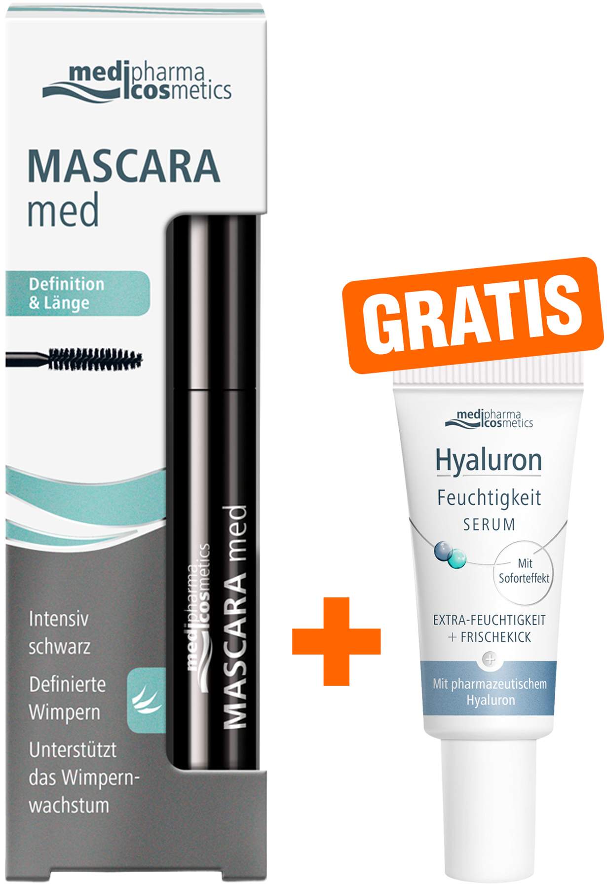 medipharma cosmetics Mascara med Definition & Länge 5 ml + gratis Hyaluron Feuchtigkeit Serum 5 ml
