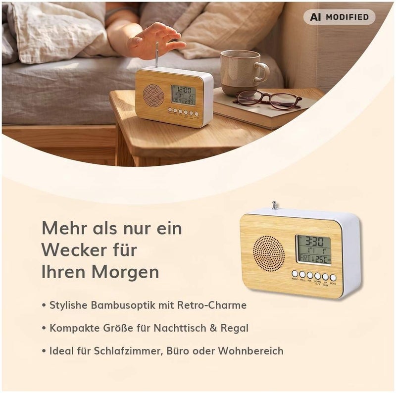 FM Digital Radio Wecker Bamboo mit Kalender und Temperaturanzeige, 1 Stück