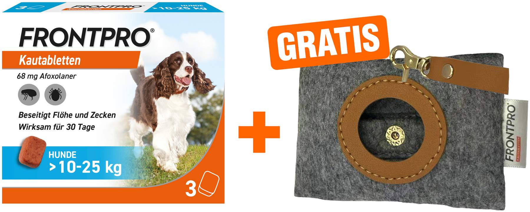 Frontpro 68 mg für Hunde 3 Kautabletten + gratis Hundebeutelspender 1 Stück