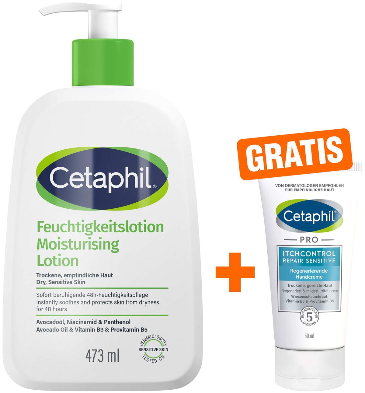 Cetaphil Feuchtigkeitslotion 473 ml + gratis Cetaphil Pro Itch Control Repair sensitive Regenerierende Handcreme 50 ml