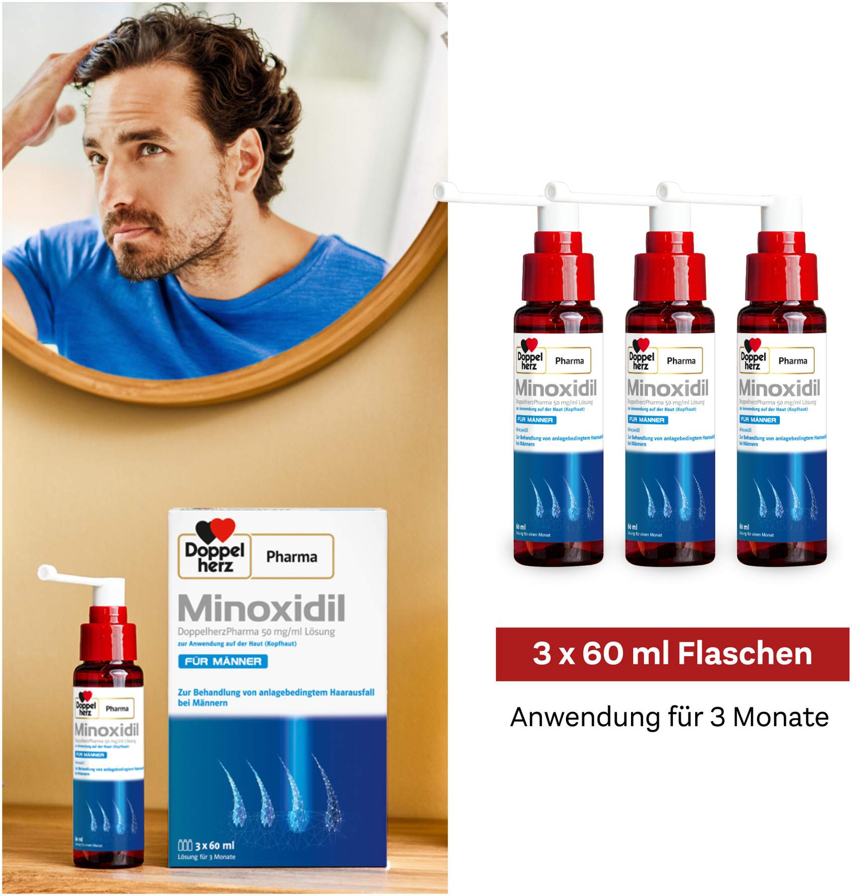 Minoxidil Doppelherz Pharma 50 mg je ml 3 x 60 ml Lösung für Männer