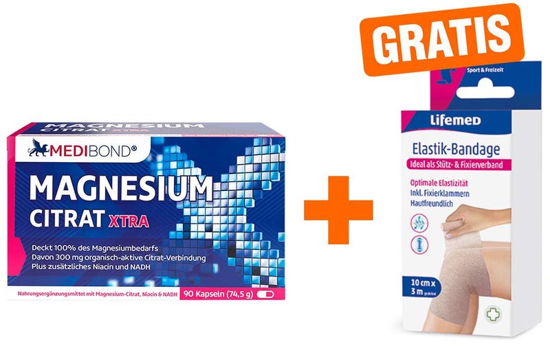 Magnesium Citrat XTRA Medibond 90 Kapseln + gratis ELASTIK-Bandage 10 cm x 3 m & Fixierklammern