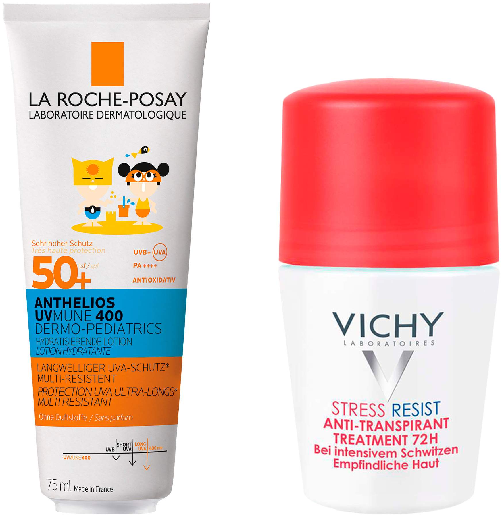 La Roche Posay Anthelios Dermo-Kids Hydratisierende Milch UVMune LSF50 75 ml + gratis Vichy Deo Stress Resist 72h 50 ml