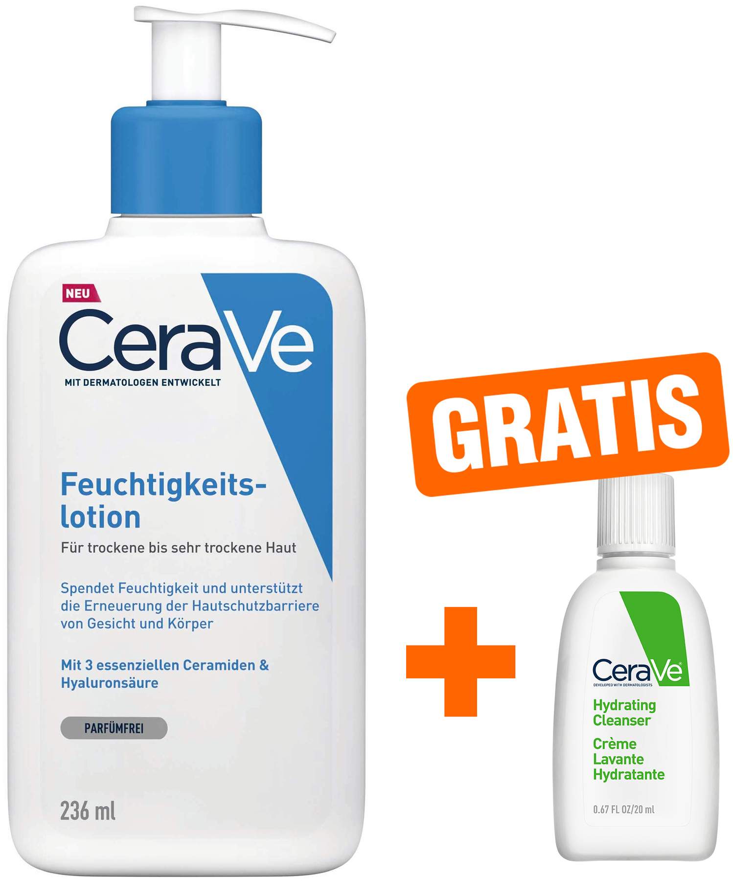 CeraVe Feuchtigkeitslotion 236 ml + gratis feuchtigkeitsspendende Reinigungslotion 20 ml