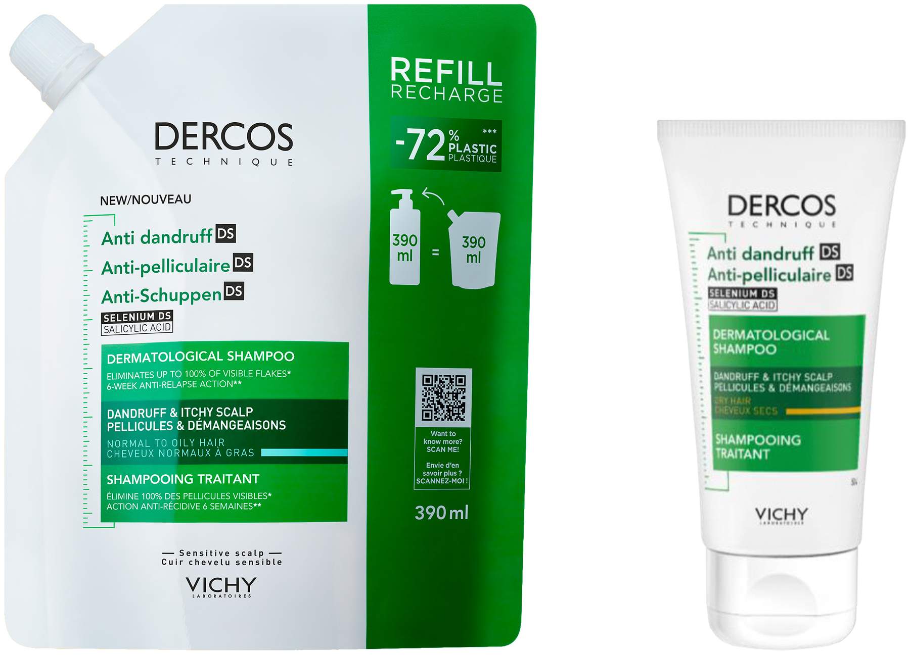 Vichy Dercos Anti-Schuppen Shampoo fettige Kopfhaut Nachfüllpack 390 ml + gratis Vichy Dercos Anti Schuppen Shampoo 50ml
