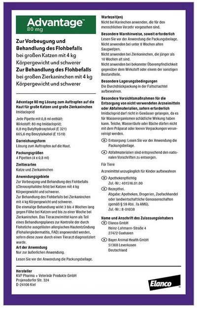 Advantage 80 mg für Katzen und Zierkaninchen über 4 kg 4 x 0,8 ml Lösung