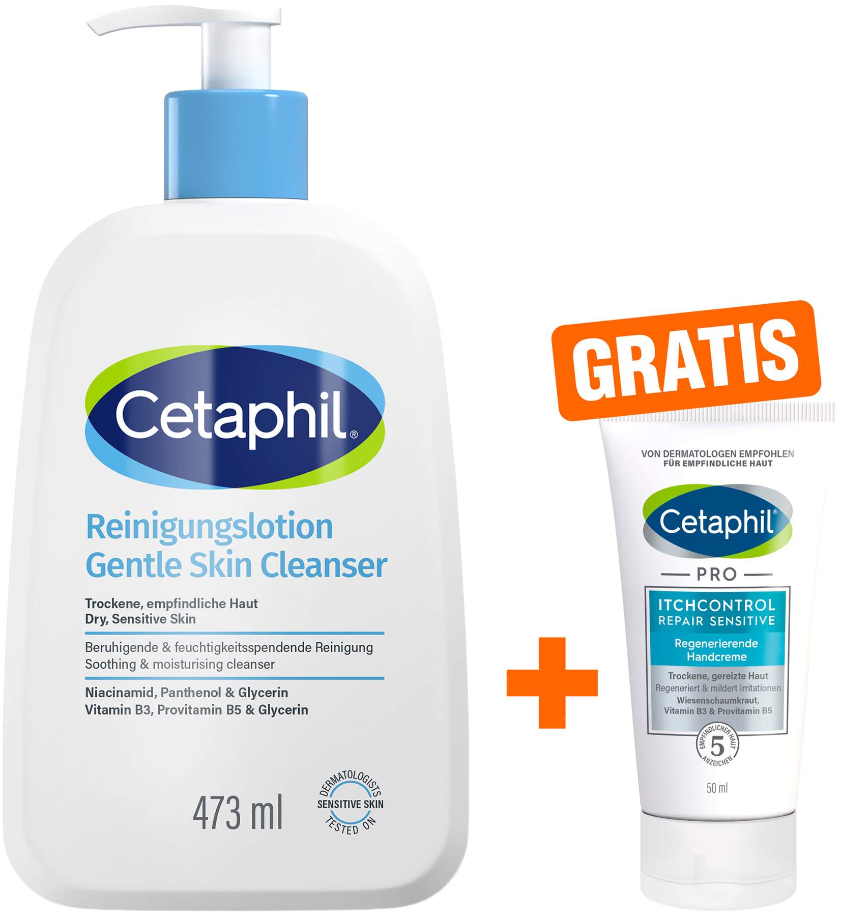 3etaphil Reinigungslotion für Körper u. Gesicht 473 ml + gratis Cetaphil Pro Itch Control Repair sensi. regen. Handcreme