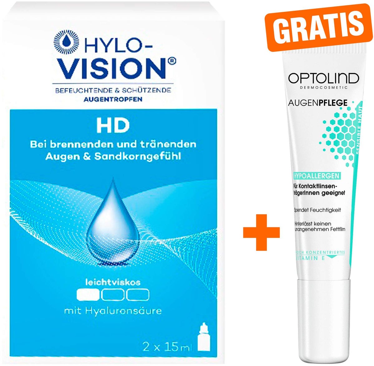 Hylo Vision HD 2x15ml Augentropfen + gratis Optolind Empflindl. Haut Augenpflege 15 ml