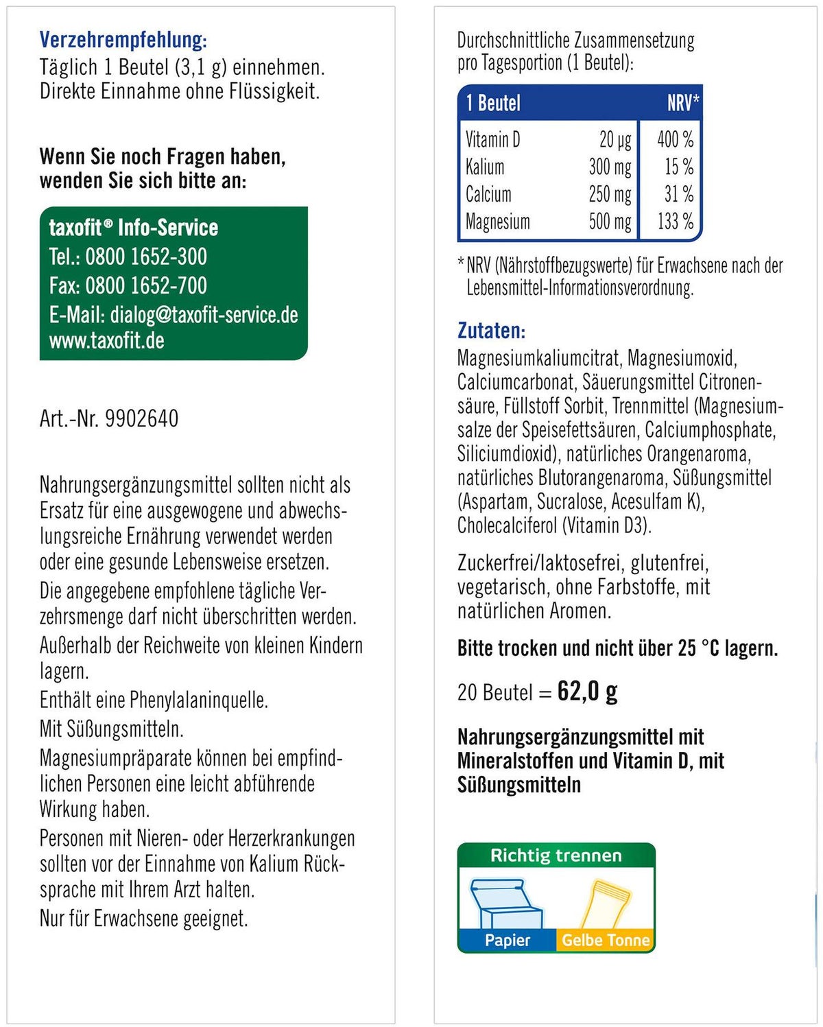 Taxofit Magnesium 500 + Calcium + Kalium 20 Beutel