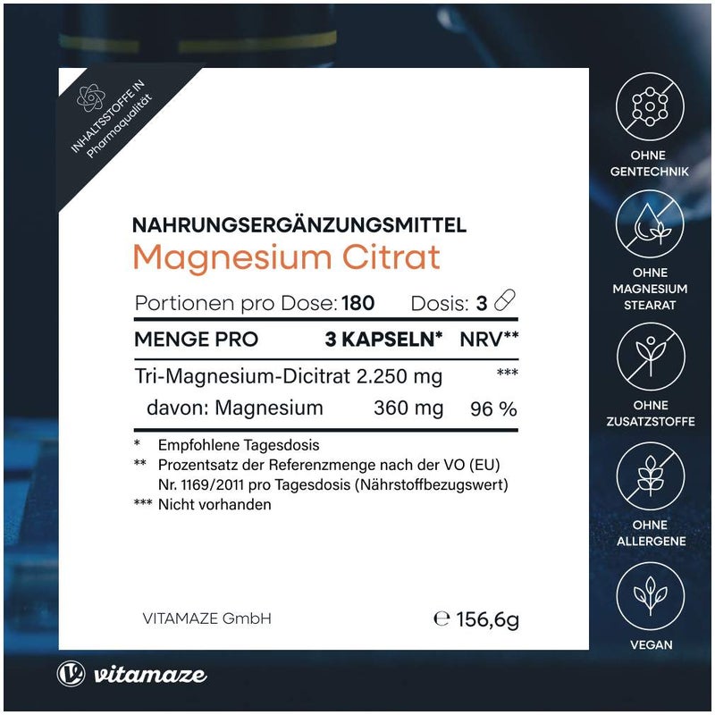 Magnesiumcitrat 360 mg Vegan 180 Kapseln