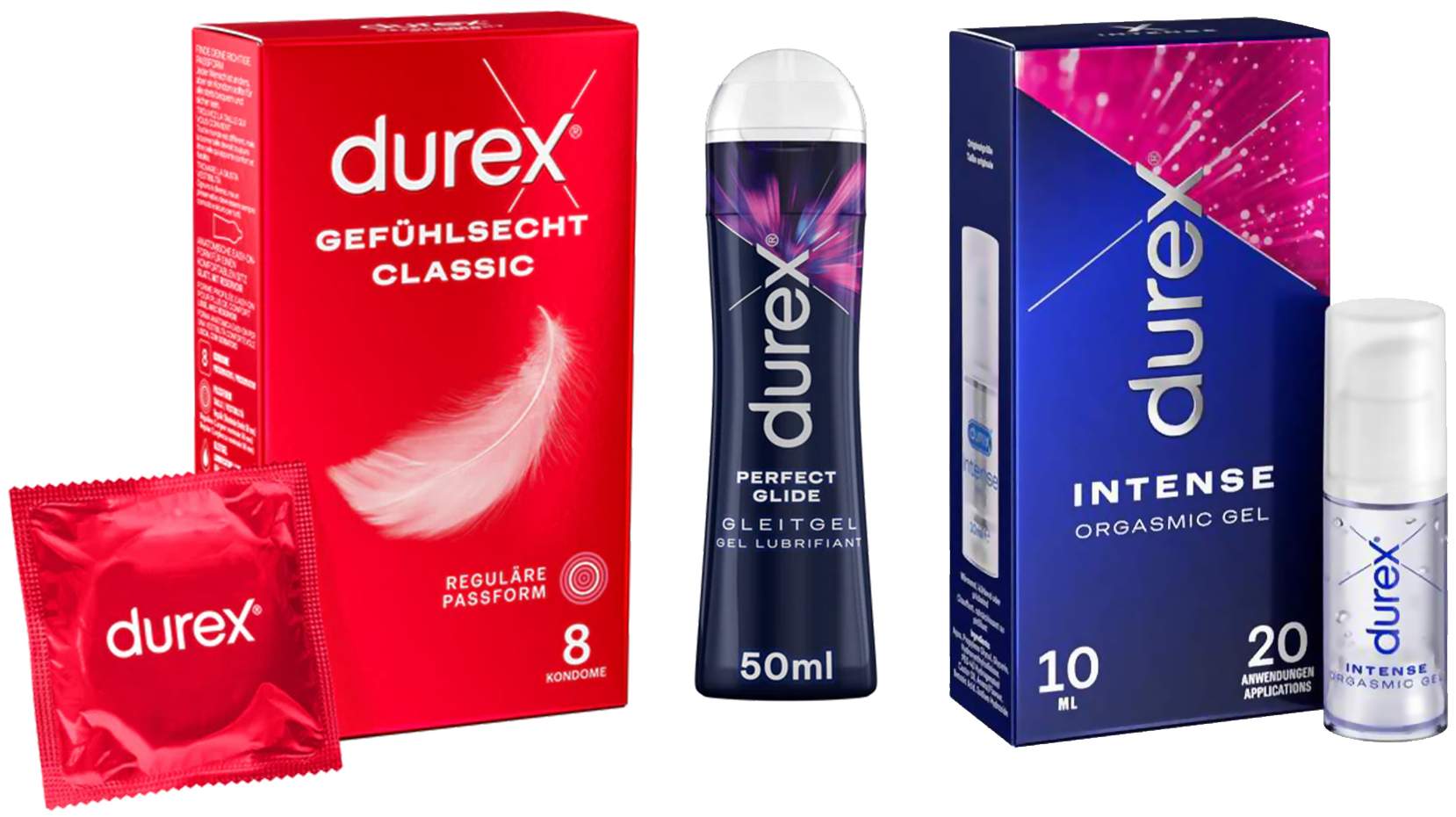 Durex  Gefühlsecht Classic 8 Kondome + Perfect Glide Gleitgel 50 ml + Intense Orgasmic Gel 10 ml