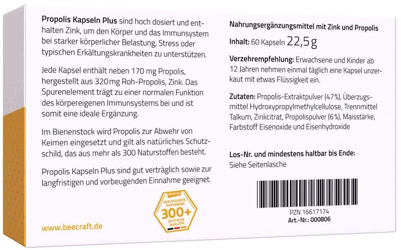 Beecraft Propolis Kapseln plus 10 mg Zink 60 Stück