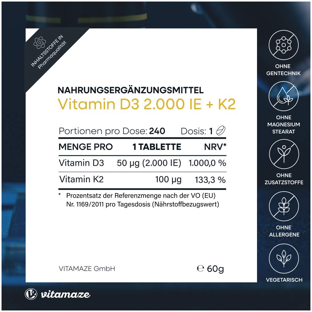 Vitamin D3 K2 2000 I.E. Vegetarisch 240 Tabletten