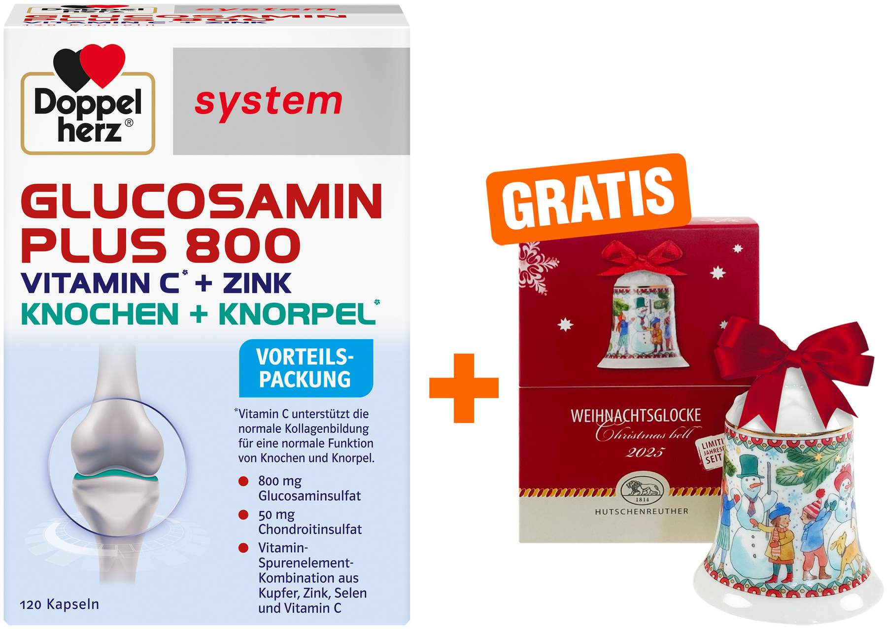 Doppelherz system Glucosamin Plus 800 Kapseln 120 Stück + gratis Hutschenreuther Weihnachtsglocke original 1 Stück