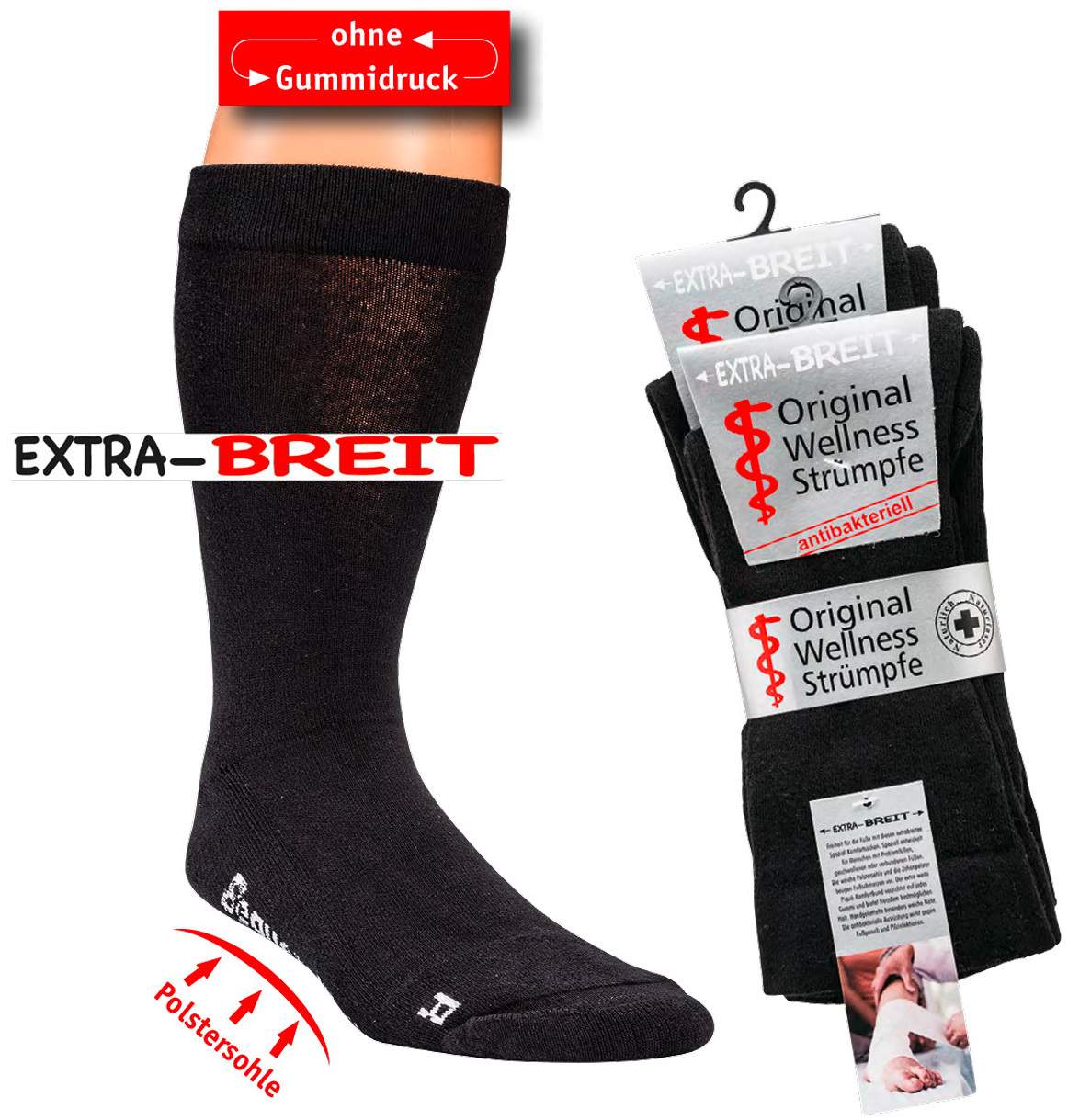 Wellness-Strümpfe mit Polstersohle, extra Breit, 39-42, schwarz, 1 Paar