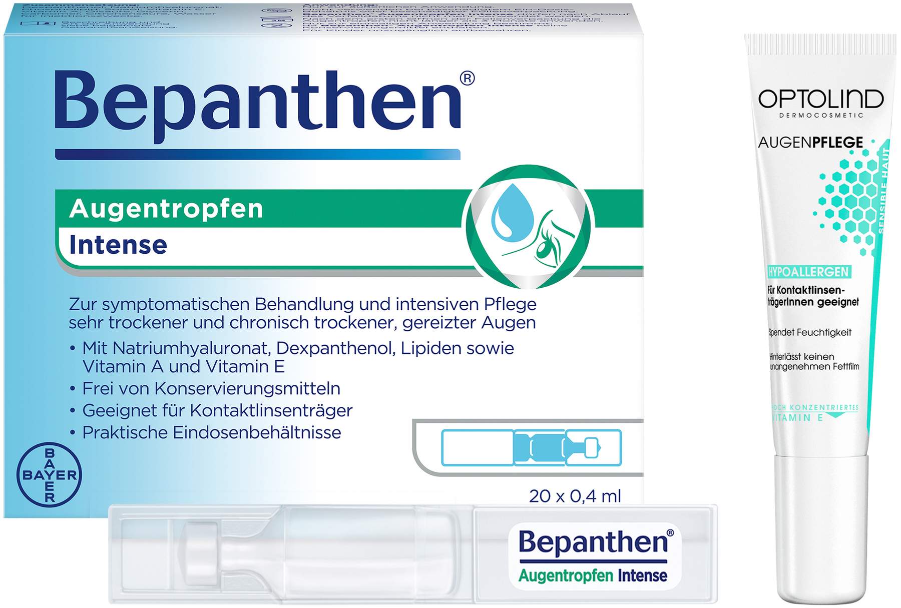 Bepanthen Augentropfen Intense 20 x 0,4 ml + gratis Optolind Empfindl. Haut Augenpflege 15 ml