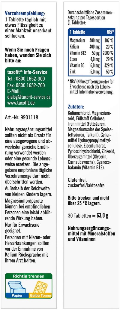 Taxofit Magnesium 400+ Kalium Depot 30 Tabletten