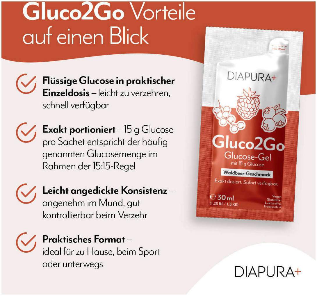 Diapura Gluco2Go Glucose-Gel 15 g Waldbeerengeschmack 12 Beutel je 30 ml