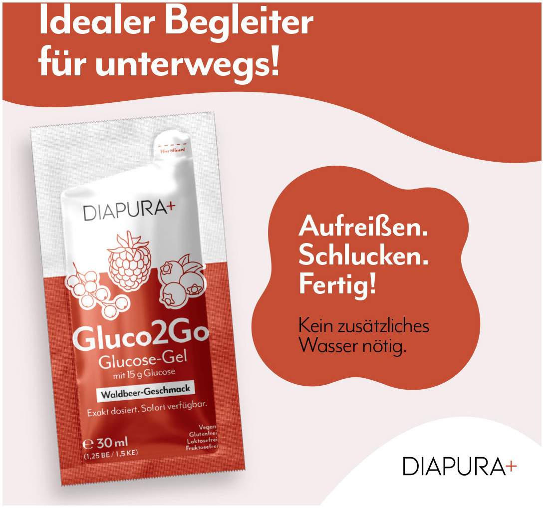 Diapura Gluco2Go Glucose-Gel 15 g Waldbeerengeschmack 12 Beutel je 30 ml