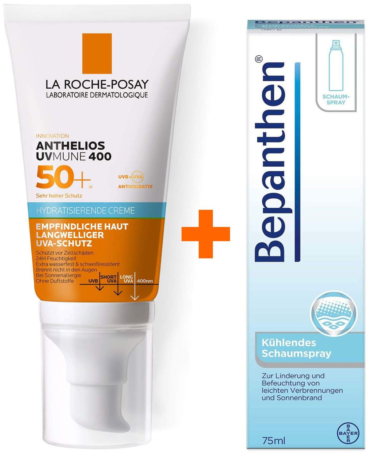 La Roche Posay Anthelios Hydratisierende Creme UVMune 400 LSF 50+ 50 ml + Bepanthen 75 ml kühlendes Schaumspray
