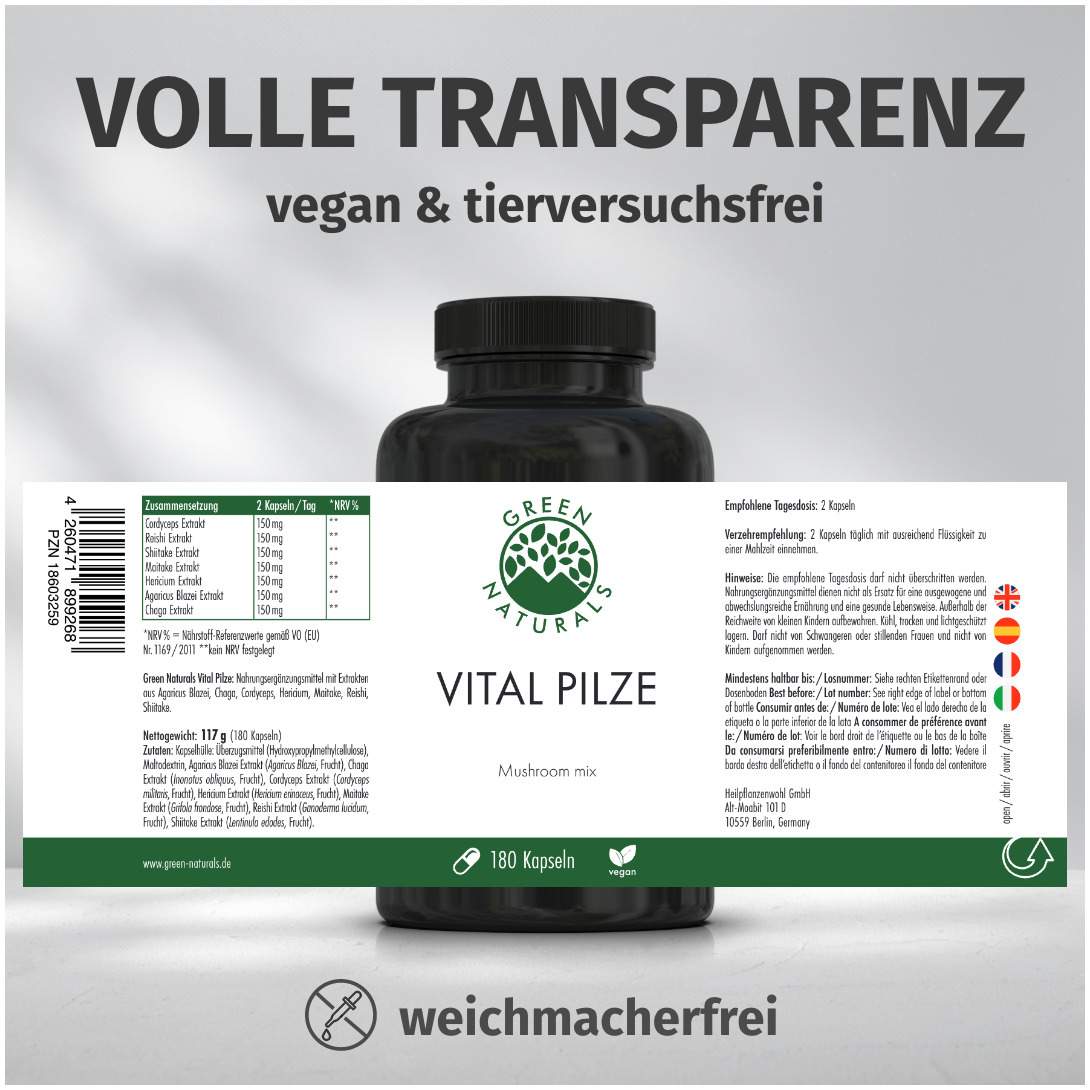 Green Naturals Vital Pilze Cordyceps Reishi Vegan 180 Kapseln