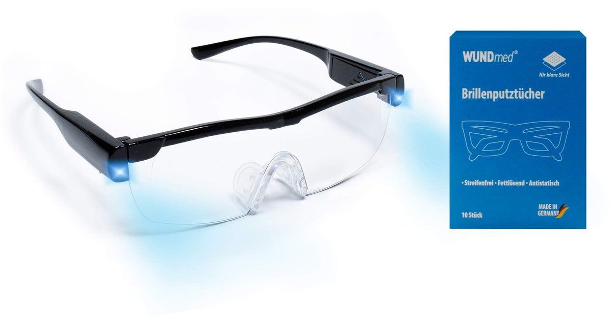 160% Vergrößerungsbrille mit 2 LED-Licht & Blaulichtfilter, schwarz,+ Gratis Brillenputztücher 10st.