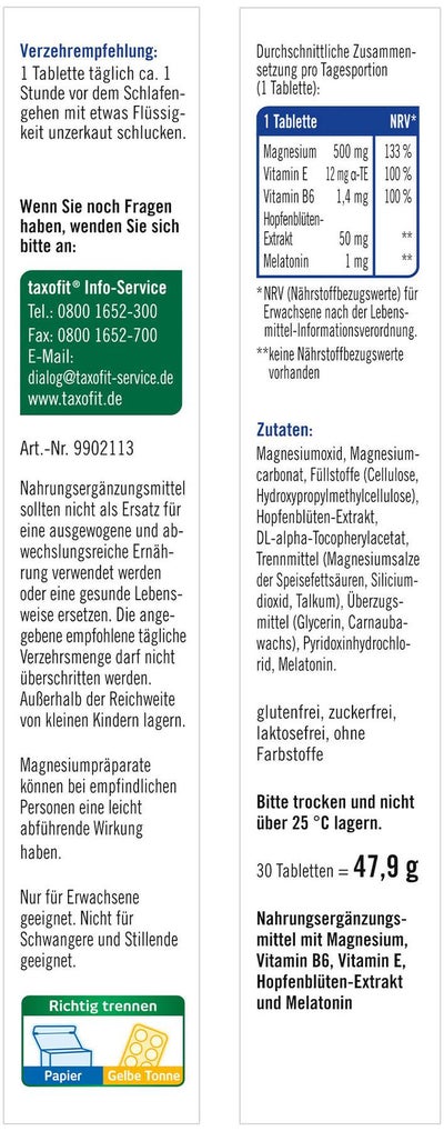taxofit Magnesium 500 Nacht+Melatonin 30 Tabletten