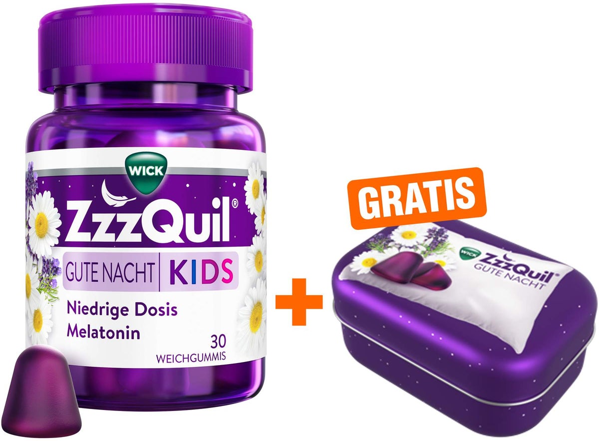 Wick ZzzQuil Kids 30 Weichgummis + gratis Wick ZzzQuil Reise-Dose 1 Stück