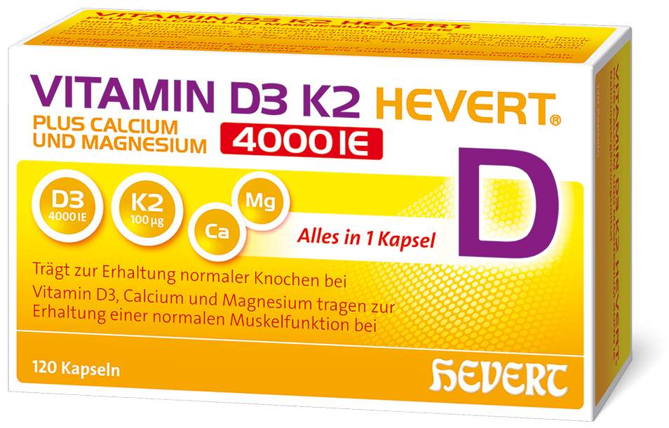 Vitamin D3 K2 Hevert + Calcium und Magnesium 4000IE 120 Kapseln