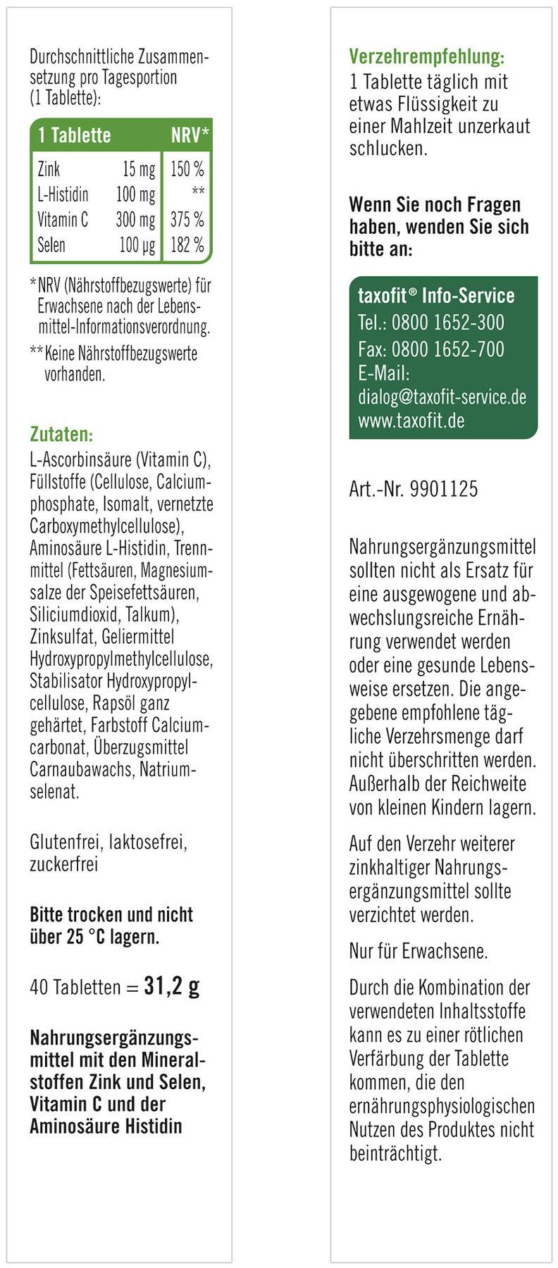 Taxofit Zink + Histidin + Selen Depot 40 Tabletten