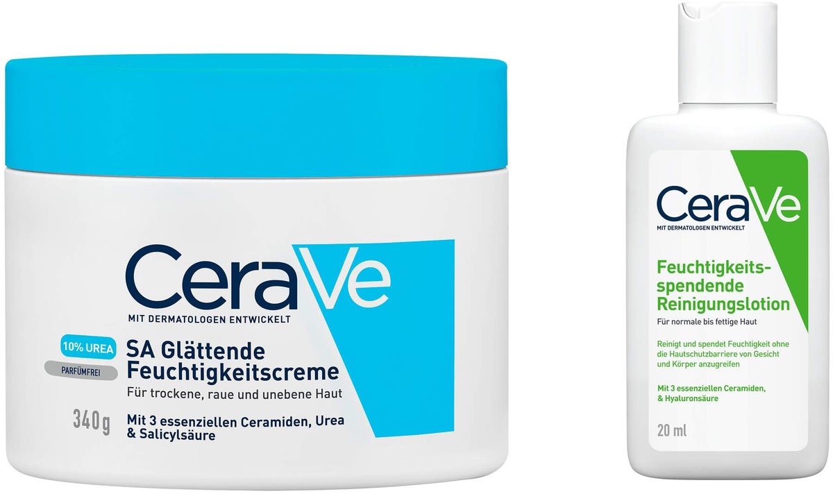 CeraVe SA Urea Glättende Feuchtigkeitscreme 340 g + gratis Feuchtigkeitsspendende Reinigungslotion 20 ml