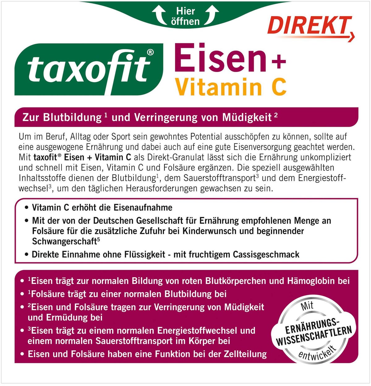 taxofit Eisen + Vitamin C Direkt Granulat 20 Sticks